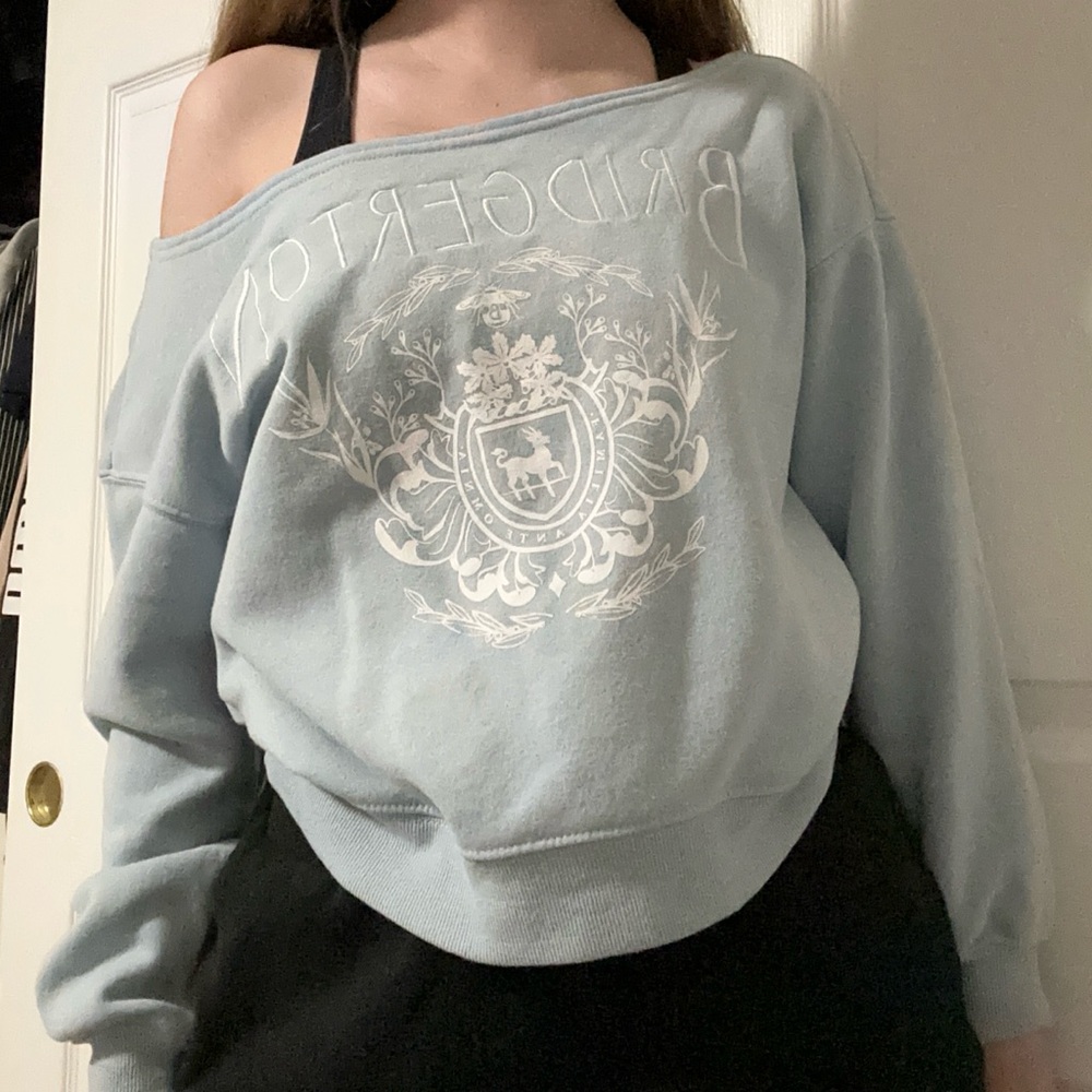 Light Blue Off-Shoulder Sweatshirt Bridgerton